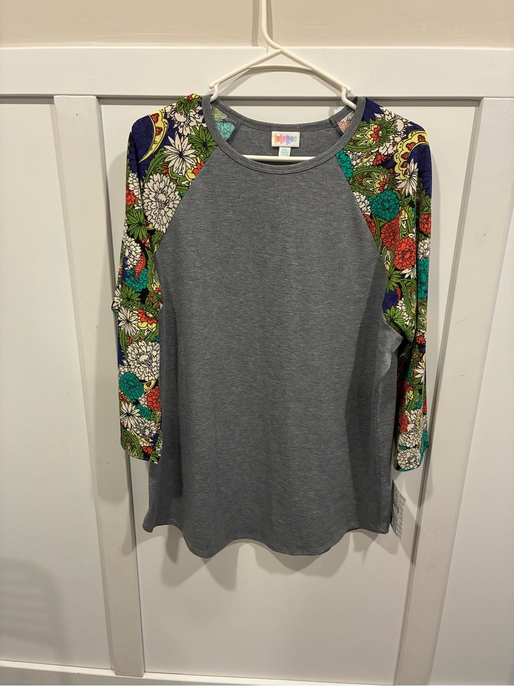 LuLaRoe Gray Randy Top with Multicolor Floral Sleeves